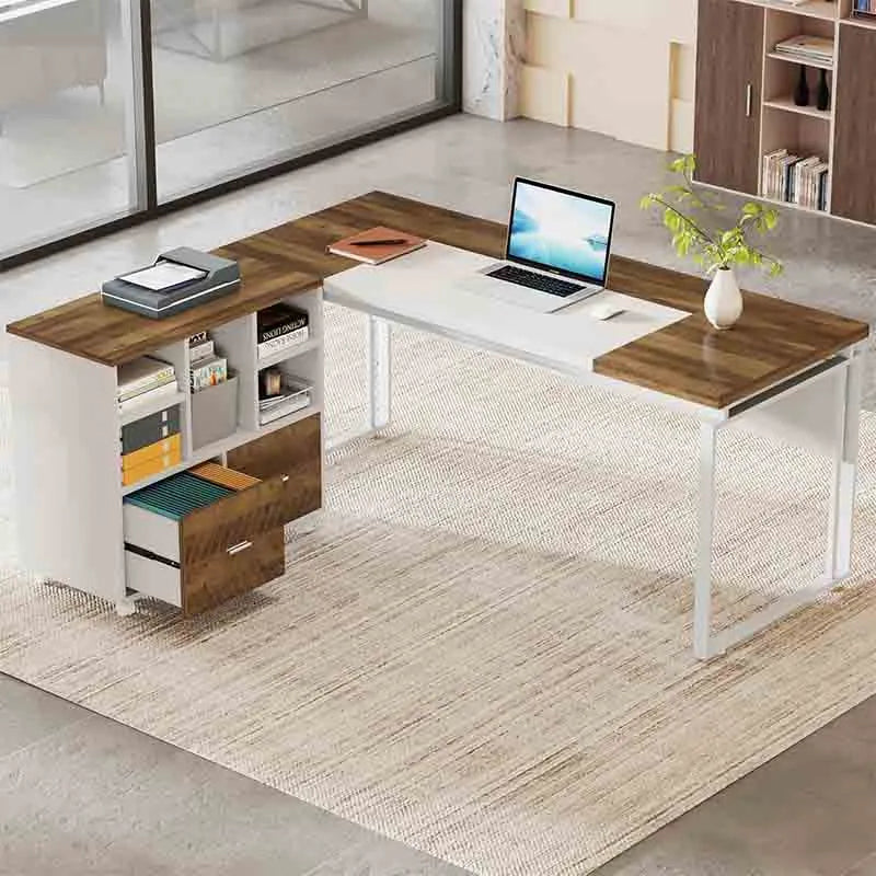 63" Office Desk with Storage Drawers, Oak&amp;White