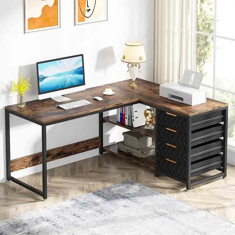 Yoobure 59 inch Reversible Corner Desk with Shelves, Brown