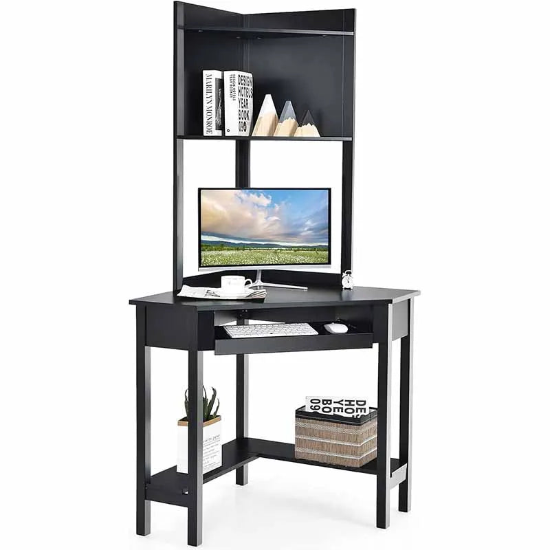 Triangle Corner Computer Desk with Keyboard Tray, Black