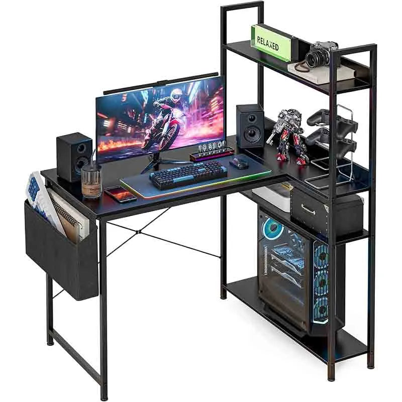 40 Inch L Shaped Desk with Reversible Storage Shelves, Black