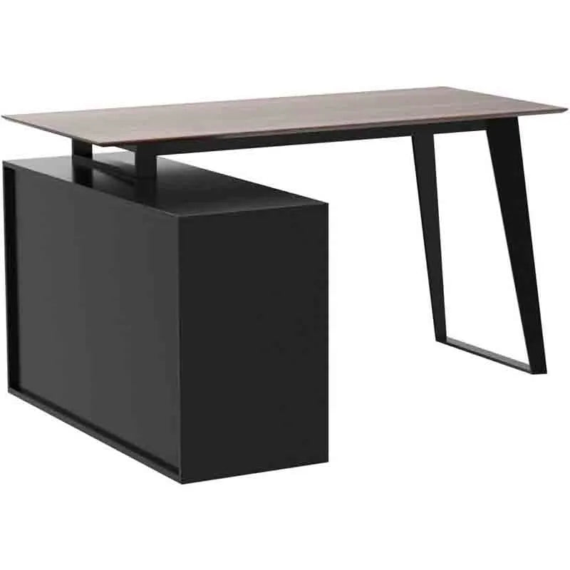 55 Inch L-Shaped Table with Storage Cabinet, Black &amp; Brown
