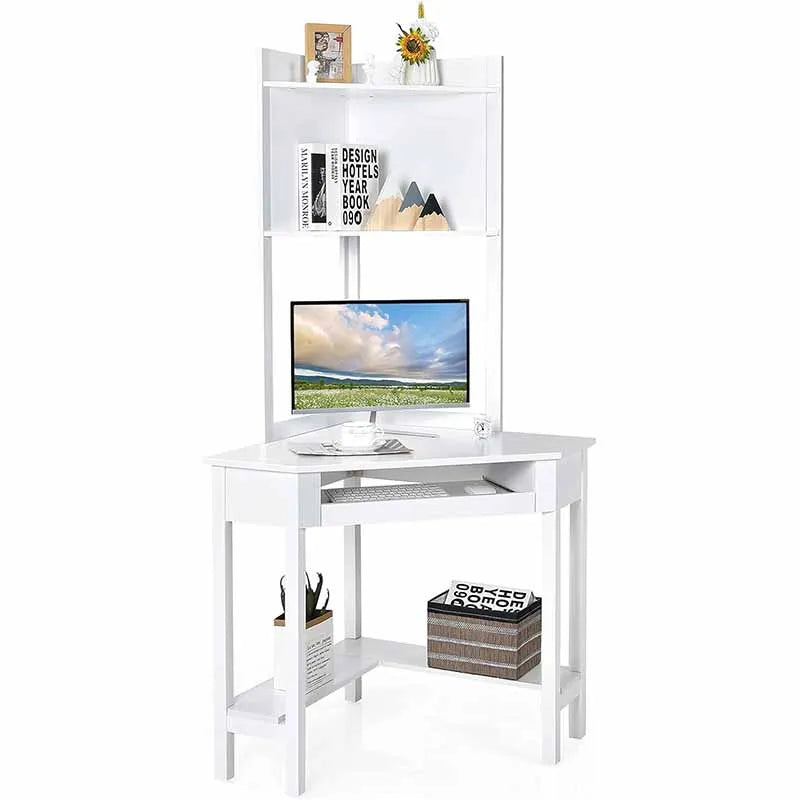 Triangle Corner Computer Desk with Keyboard Tray, White