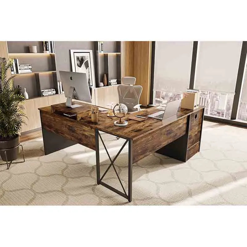 Yoobure Lift Top L Shaped Desk with File Drawer, Brown