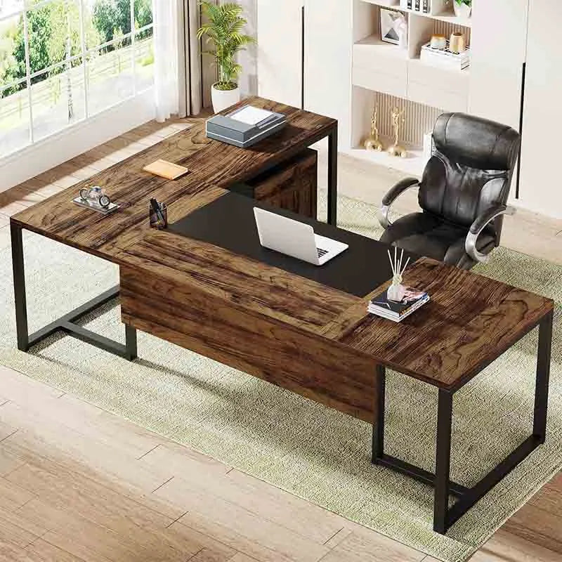 70.8" L-Shaped Executive Desk, Brown&amp;Black