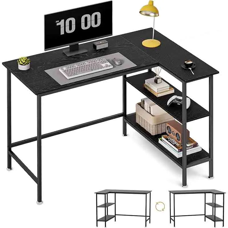 43" L Shaped Desk with Storage Shelves, Black