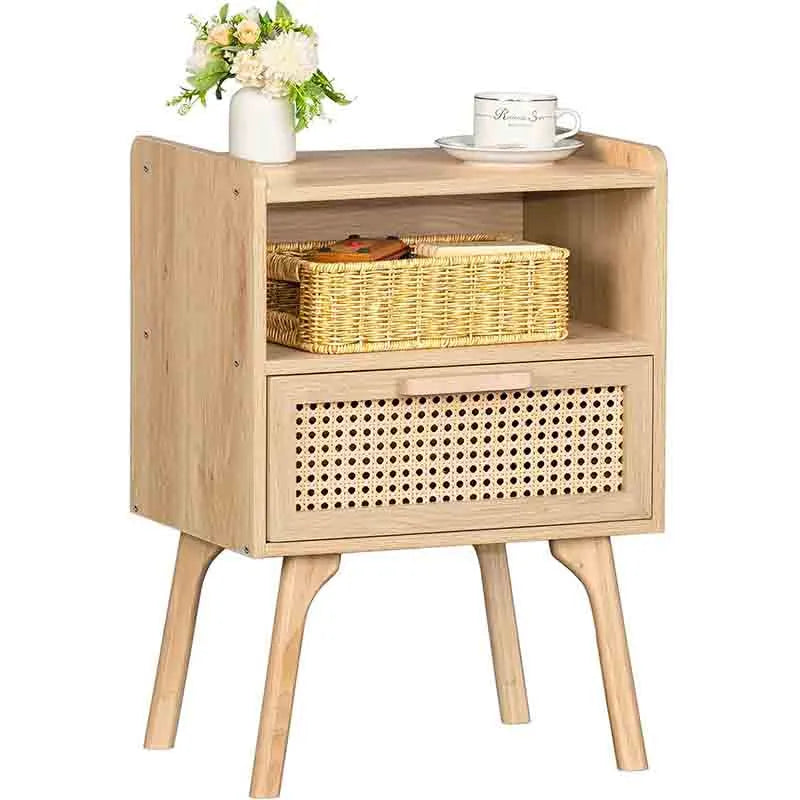 Rattan Nightstand with Solid Wood Legs