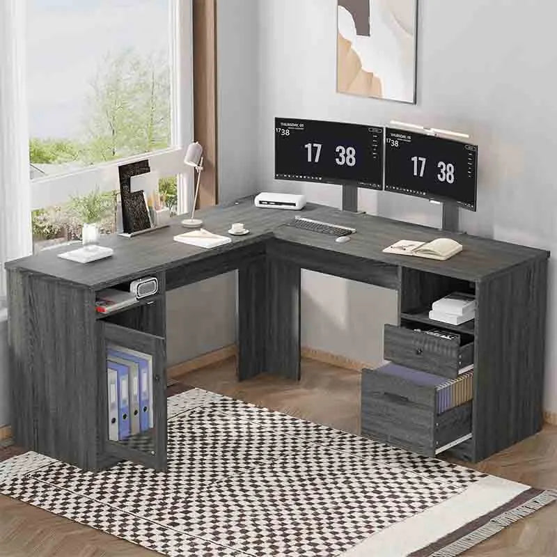 Yoobure 60" L Shaped Desk with File Cabinet, Grey