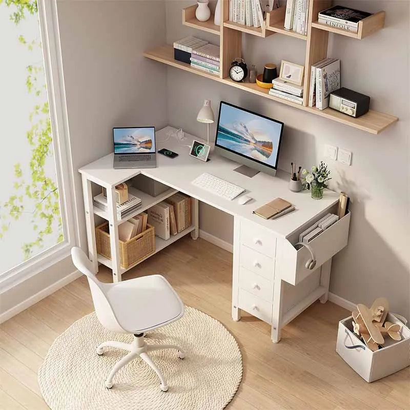Yoobure L-Shaped Teen PC Desks with Fabric Drawer, White
