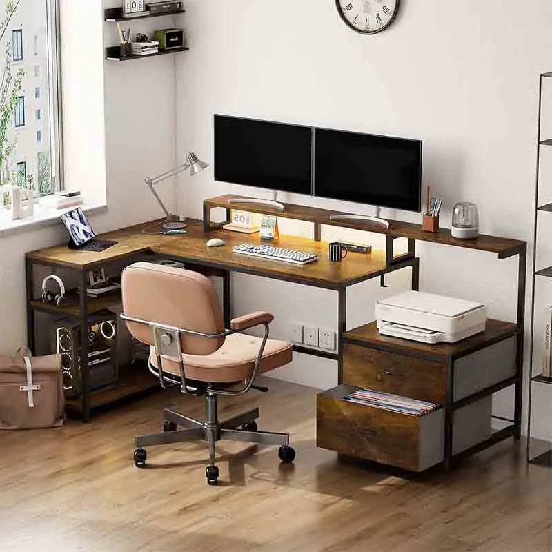 Brown 70" L Shaped Gaming Desk with Music Strip Lights