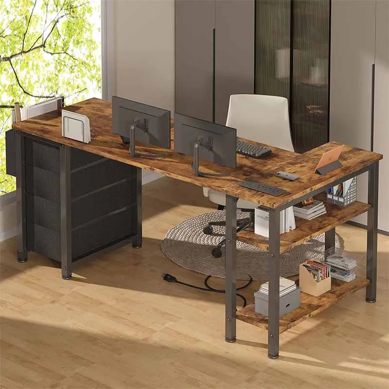 Yoobure L-Shaped Teen PC Desks with Fabric Drawer, Brown