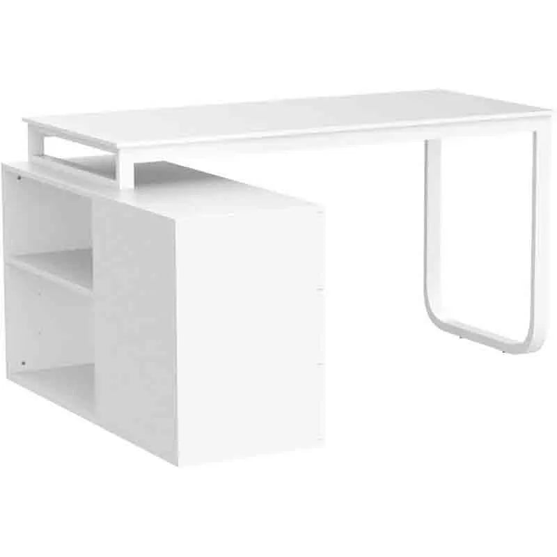 55 Inch L-Shaped Table with Storage Cabinet, White