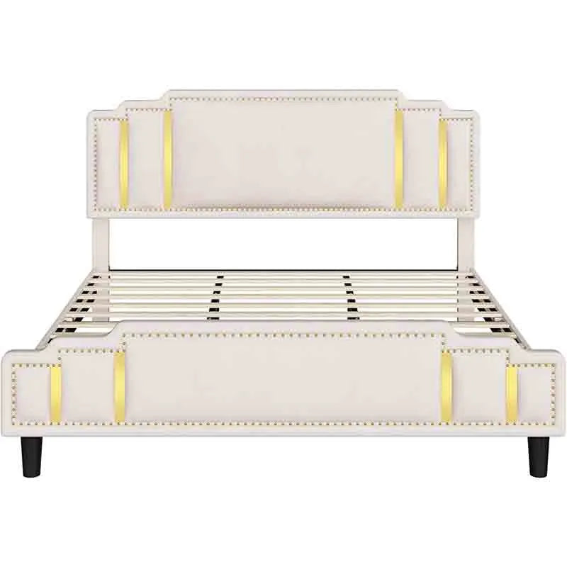 Bed Frame with Adjustable Golden Trim Headboard