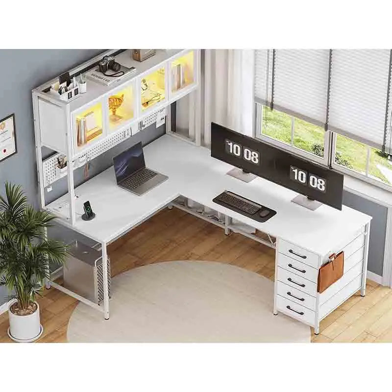 L Shaped Desk with Hutch and Storage Shelves, White
