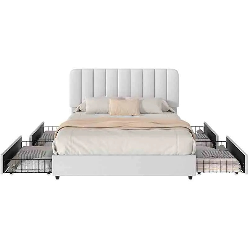 Queen Size Bed Frame with 4 Drawers and Adjustable Headboard