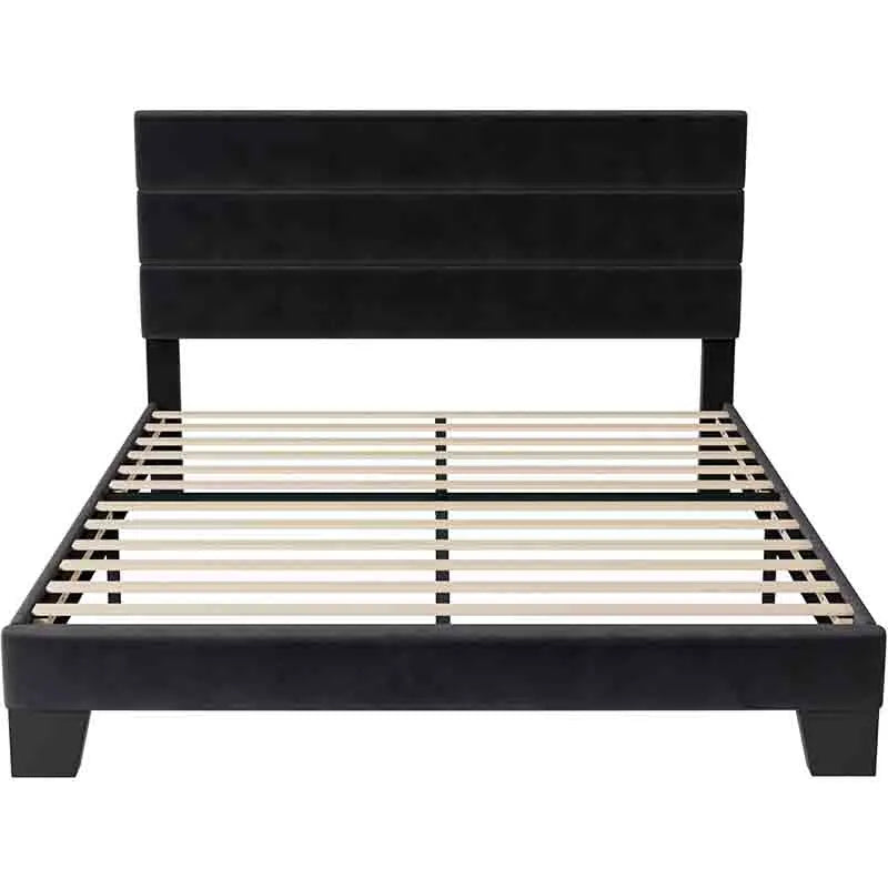 Queen Size Bed Frame with Velvet Upholstered Headboard