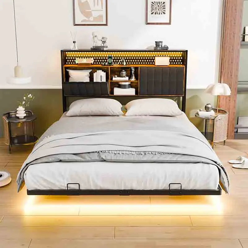Yoobure Floating Queen Bed Frame with LED Lights and Charging Station