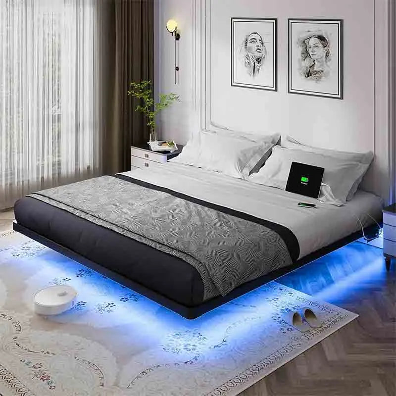 Floating Bed Frame with LED Light and Charging Station