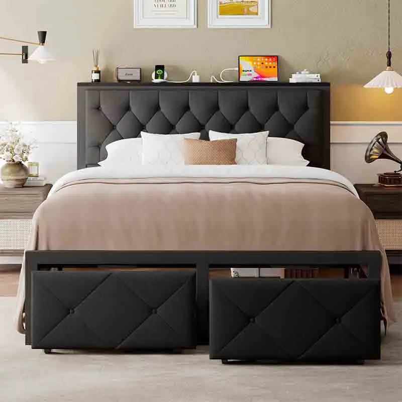 Queen Bed Frame with 2 Storage Drawers