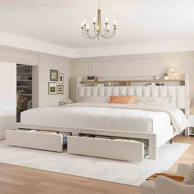 Upholstered King Bed Frame with Storage