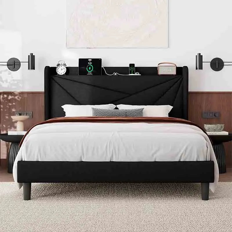 Full Size Bed Frame with Wingback Storage Headboard