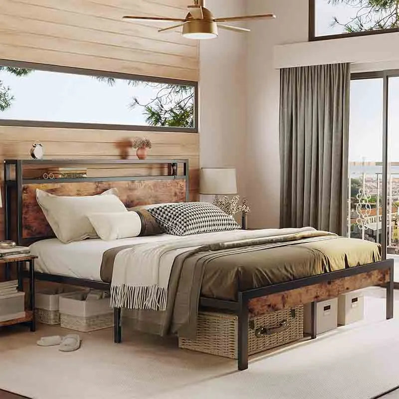 Queen Bed Frame with 2-Tier Storage Headboard