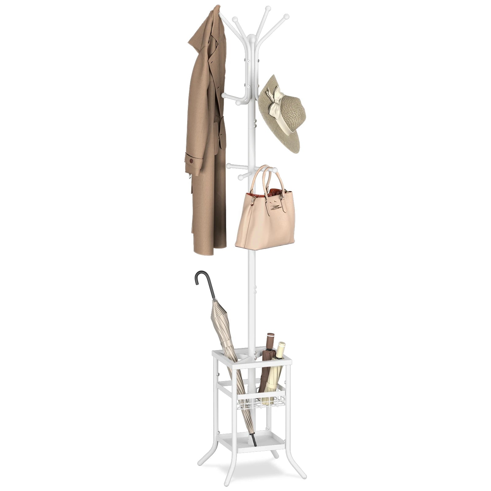 Coat Rack Freestanding, Coat Tree with Umbrella Holder, Metal Coat Rack Stand with 12 Hooks, Hall Tree Purse Rack for Entryway, Living Room