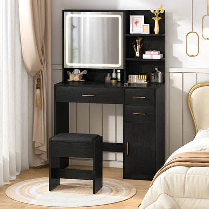 Vanity Desk with Mirror and Lights, Makeup Vanity Desk with Drawers &amp; Cabinet, Vanities with Upholstered Chair, Black Makeup Table with Storage Shelves, Girls Dressing Table for Bedroom