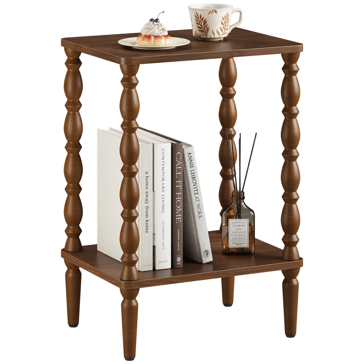 Maliowa 2-Tier Side Table, Small End Table for Living Room Bedroom with Storage Shelf, Vintage Accent Table Nightstand with Spindle Legs