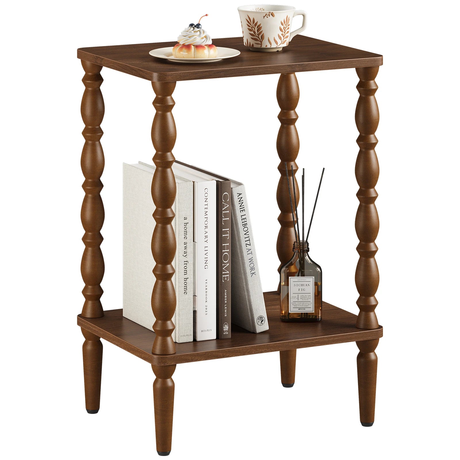 Maliowa 2-Tier Side Table, Small End Table for Living Room Bedroom with Storage Shelf, Vintage Accent Table Nightstand with Spindle Legs