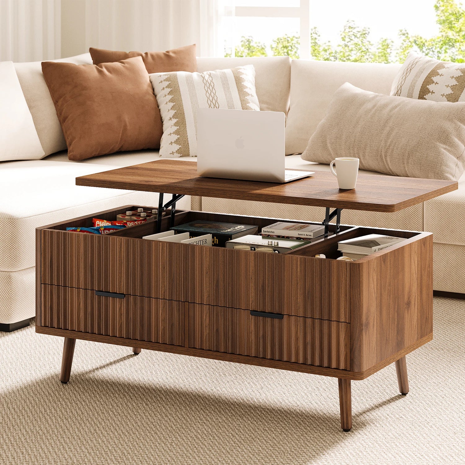 Lift Top Coffee Table with Storage, Wood Coffee Tables for Living Room with Drawers &amp; Hidden Compartment, Mid Century Modern Center Table，Walnut