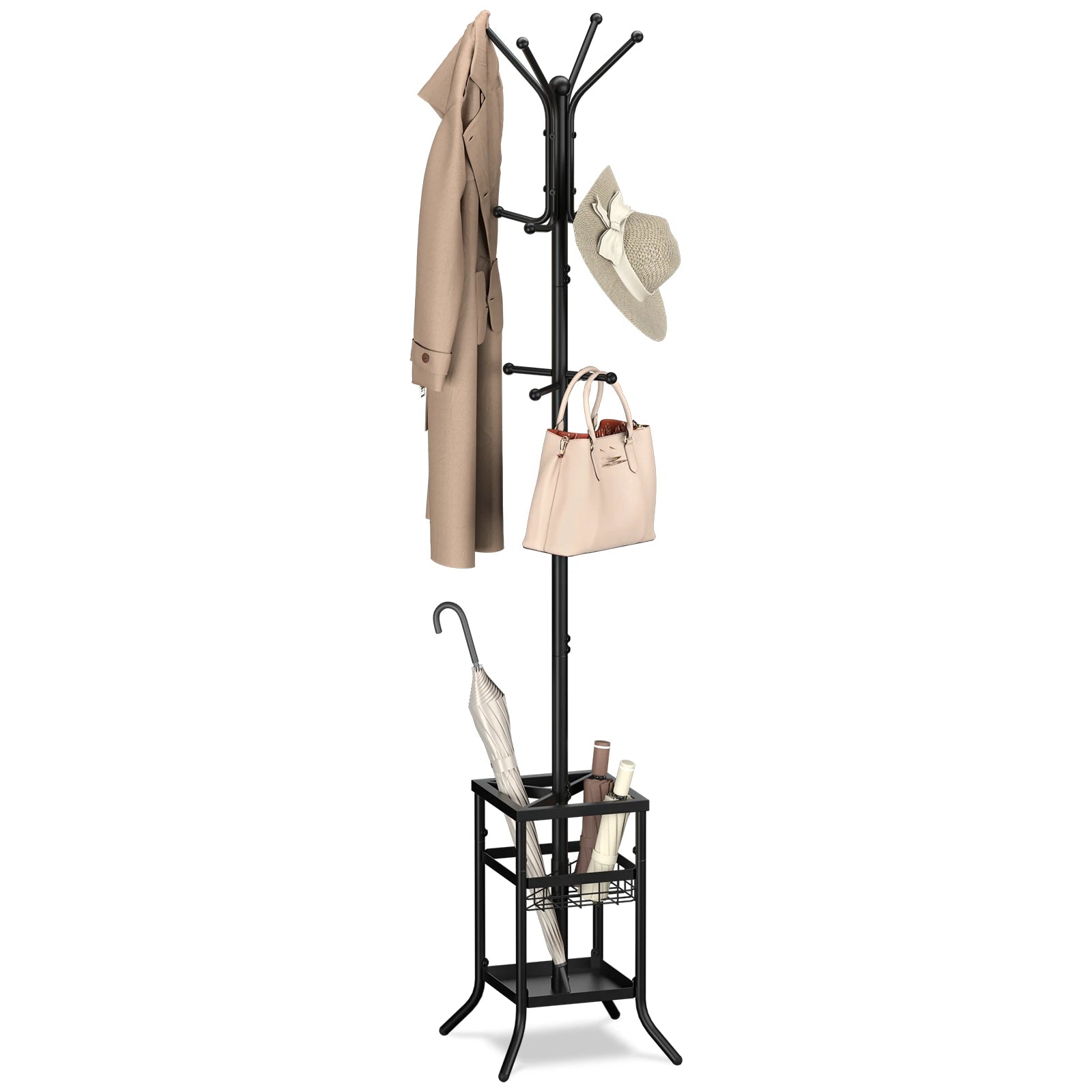 Coat Rack Freestanding, Coat Tree with Umbrella Holder, Metal Coat Rack Stand with 12 Hooks, Hall Tree Purse Rack for Entryway, Living Room