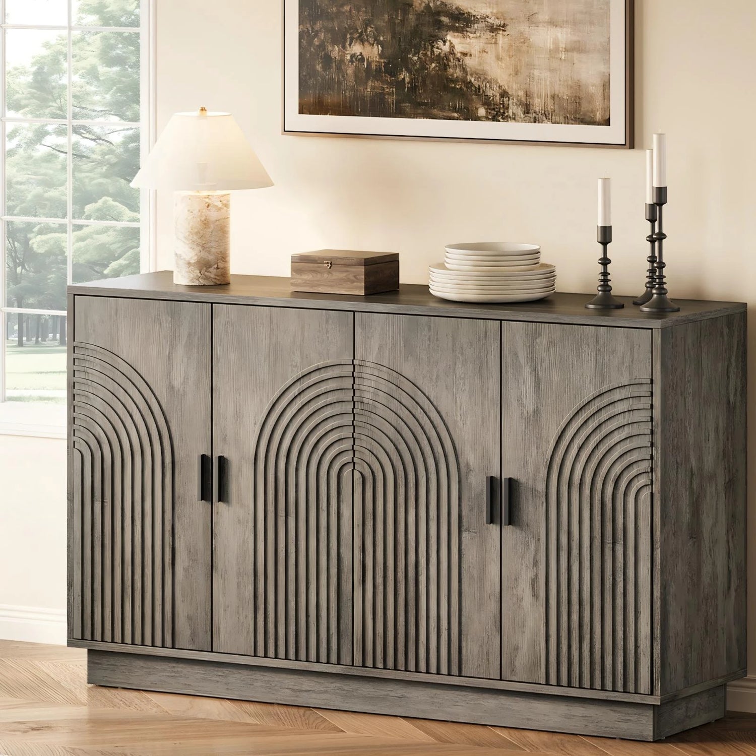 CURLA Fluted Sideboard Buffet Cabinet with Storage, 57" Coffee Bar Cabinet with 4 Doors &amp; Adjustable Shelf, Credenza for Kitchen Living Room