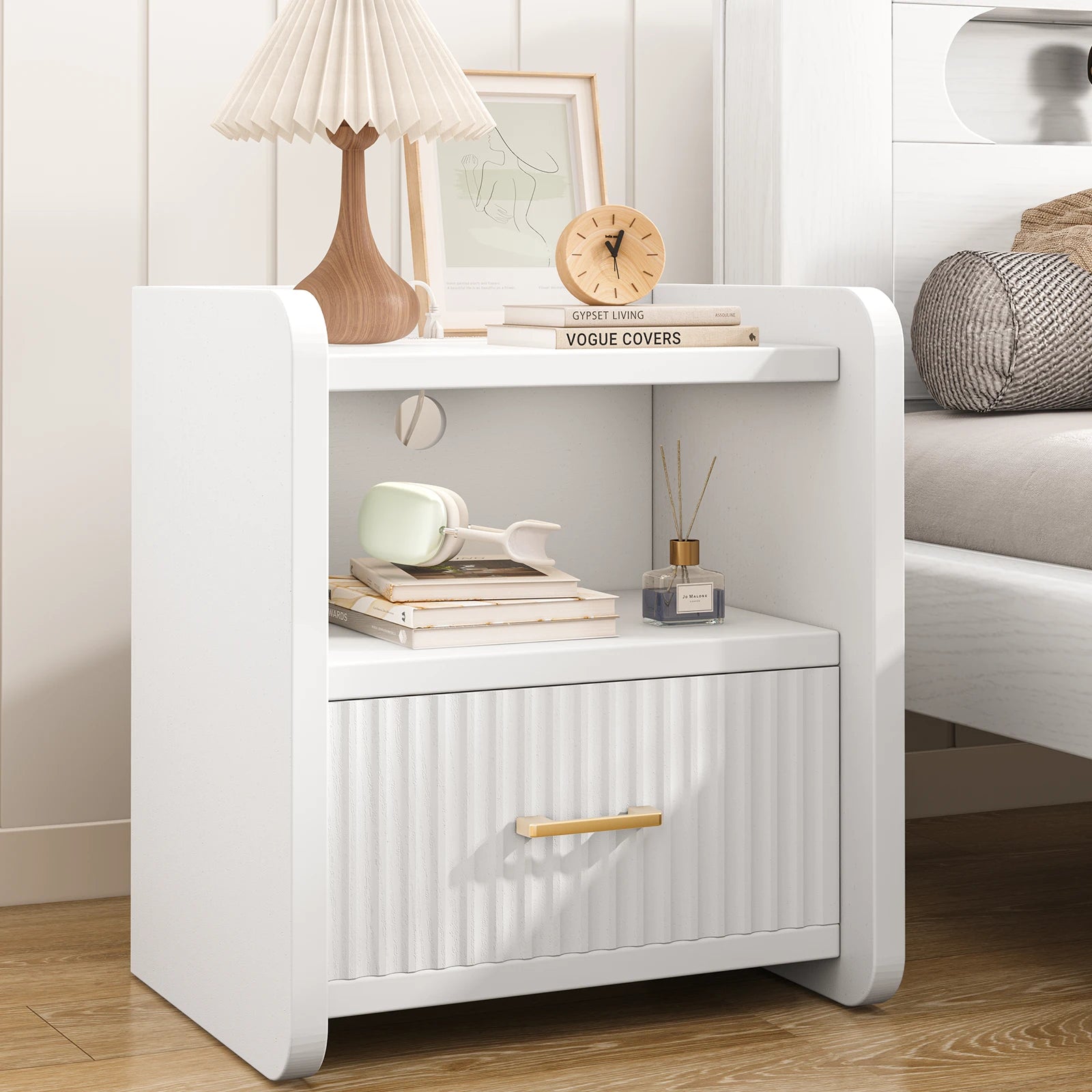 Fluted Nightstand with Charging Station,Wood Bedside Table Night Stand with Drawer and Open Shelf,Modern End Side Table for Bedroom Living Room