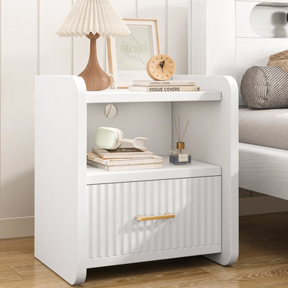 Fluted Nightstand with Charging Station,Wood Bedside Table Night Stand with Drawer and Open Shelf,Modern End Side Table for Bedroom Living Room