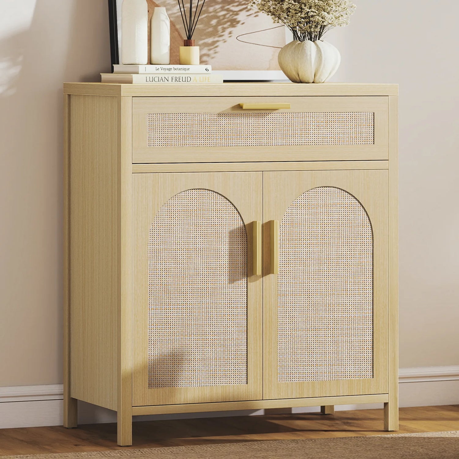 Rattan Buffet Cabinet with Storage, Sideboard Cabinet with Doors and Shelves, Accent Storage Cabinet with Drawers, Wood Coffee Bar for Kitchen