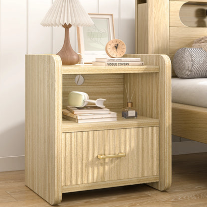 Fluted Nightstand with Charging Station,Wood Bedside Table Night Stand with Drawer and Open Shelf,Modern End Side Table for Bedroom Living Room
