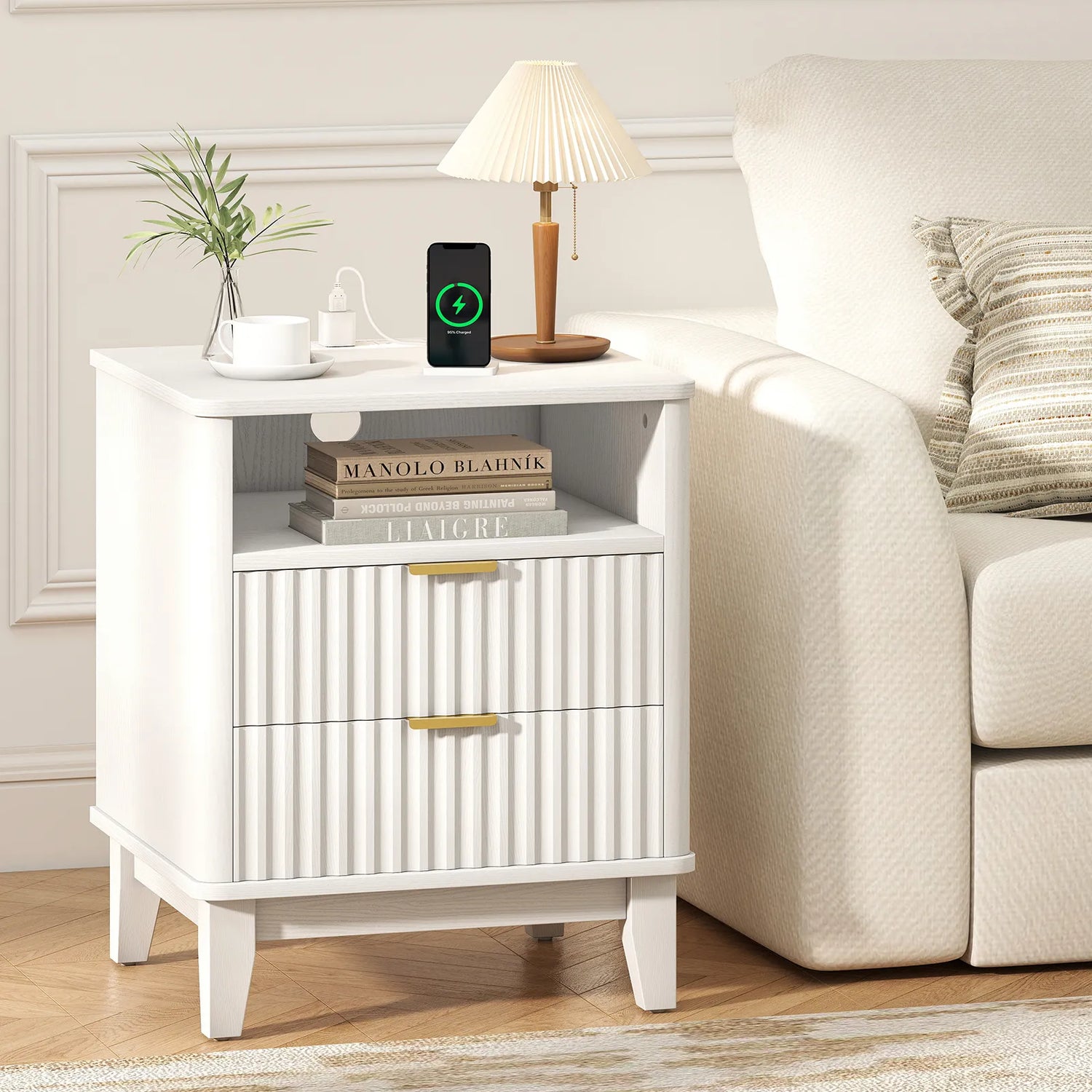 Night Stand with Charger Station, Fluted Nightstand with 2 Drawers and Storage Shelf, Mid Century Modern End Table for Bedroom Living Room