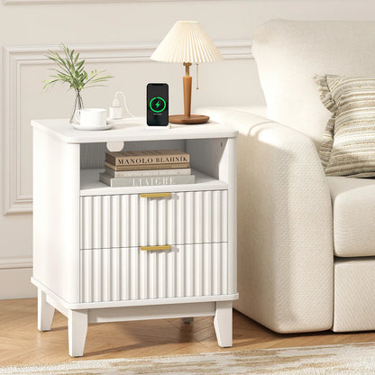 Night Stand with Charger Station, Fluted Nightstand with 2 Drawers and Storage Shelf, Mid Century Modern End Table for Bedroom Living Room