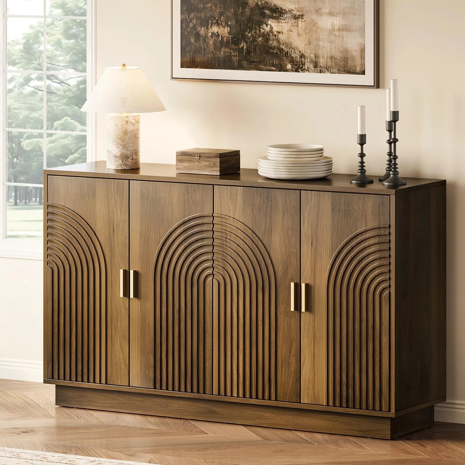 CURLA Fluted Sideboard Buffet Cabinet with Storage, 57" Coffee Bar Cabinet with 4 Doors &amp; Adjustable Shelf, Credenza for Kitchen Living Room