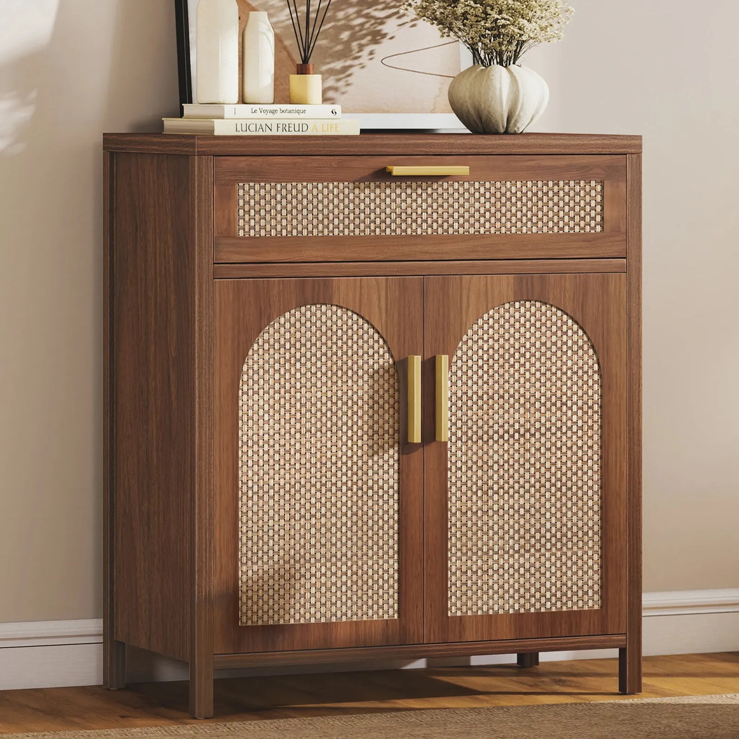 Rattan Buffet Cabinet with Storage, Sideboard Cabinet with Doors and Shelves, Accent Storage Cabinet with Drawers, Wood Coffee Bar for Kitchen