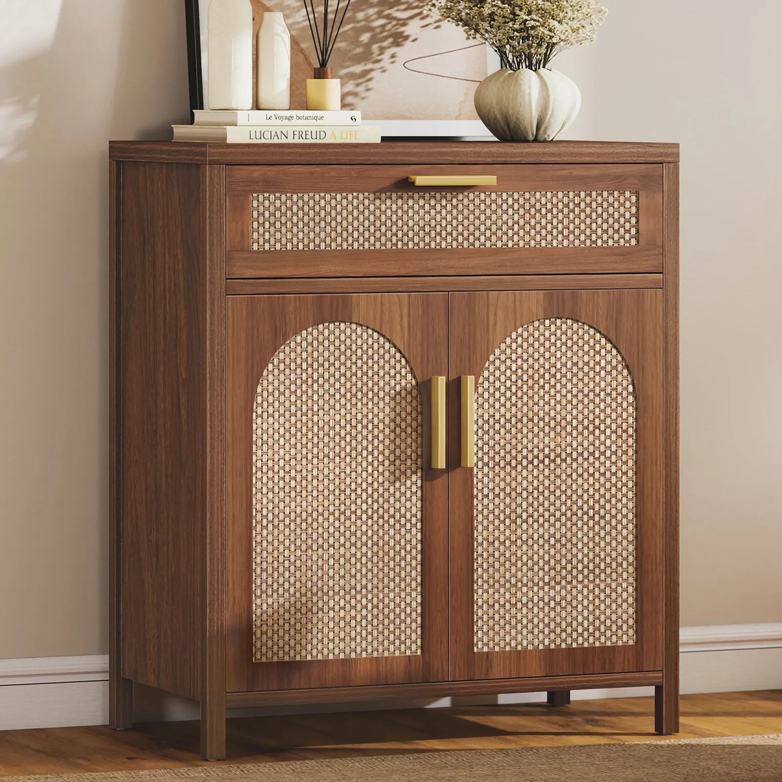 Rattan Buffet Cabinet with Storage, Sideboard Cabinet with Doors and Shelves, Accent Storage Cabinet with Drawers, Wood Coffee Bar for Kitchen