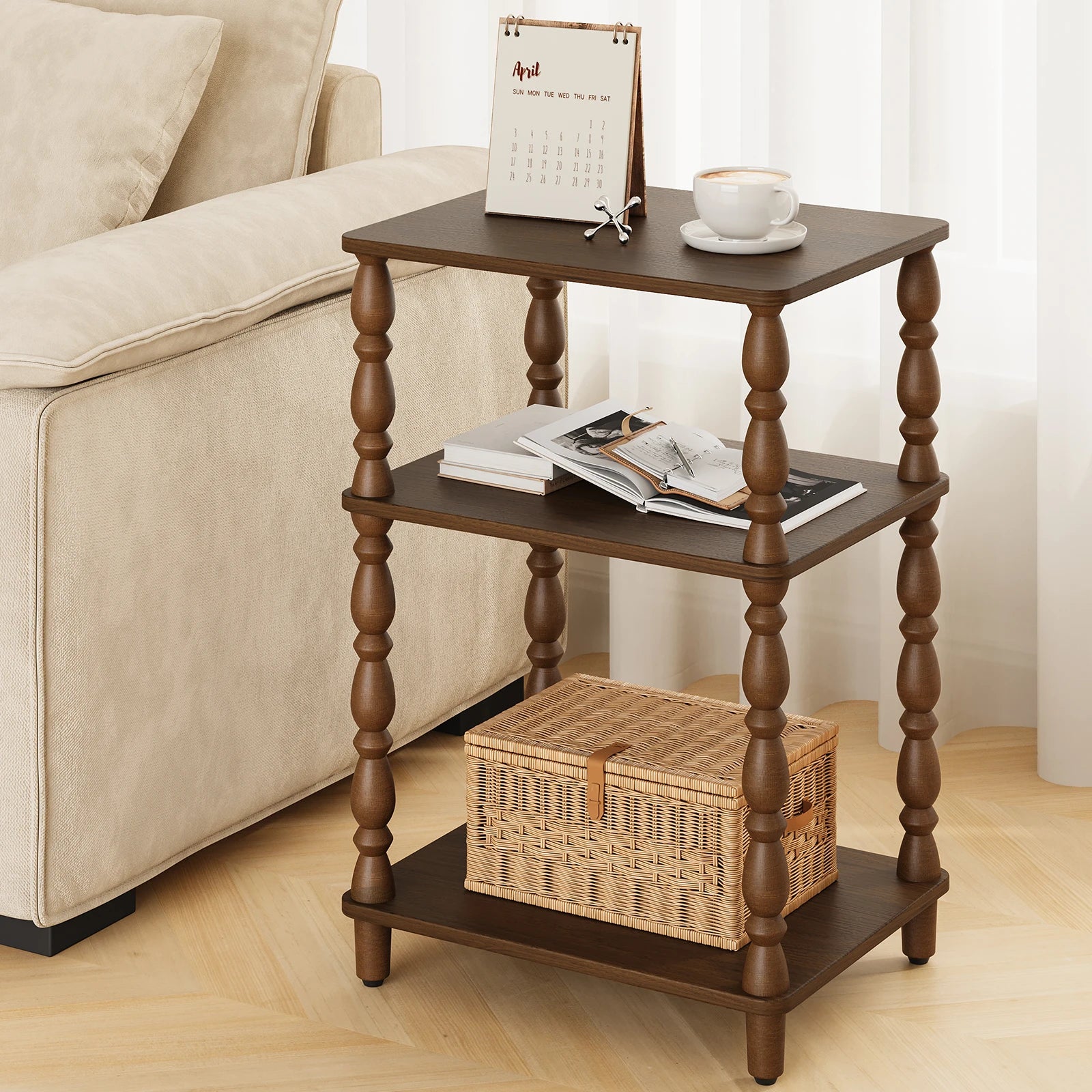 Maliowa Small Side Table with 3-Tier Shelf, Narrow Wood End Table for Small Spaces, Living Room Bedroom