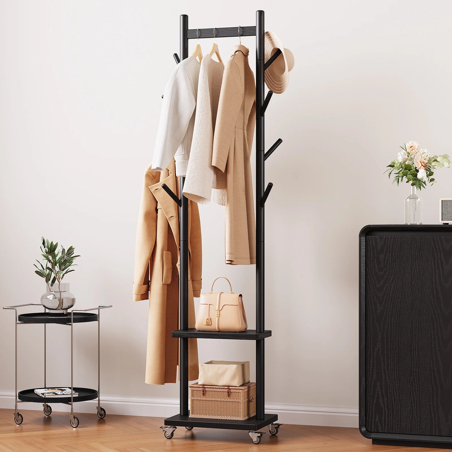 Solid Wood Coat Rack Freestanding, Rolling Clothes Rack with Wheels, Clothing Rack with 8 Hooks &amp; Shelevs, Clothing Racks for Hanging Clothes
