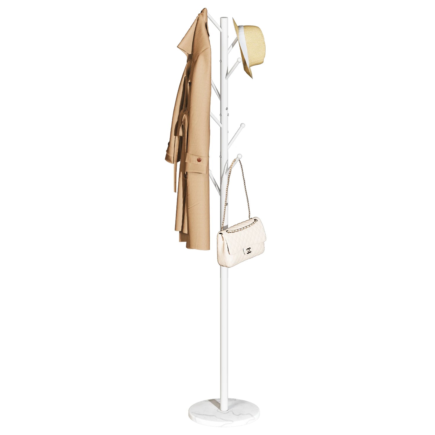 Coat Rack Freestanding with Natural Marble Base, Coat Tree with 8 Hooks, Metal Hall Tree for Jacket, Hat, Bag, Coat Hanger Stand for Entryway