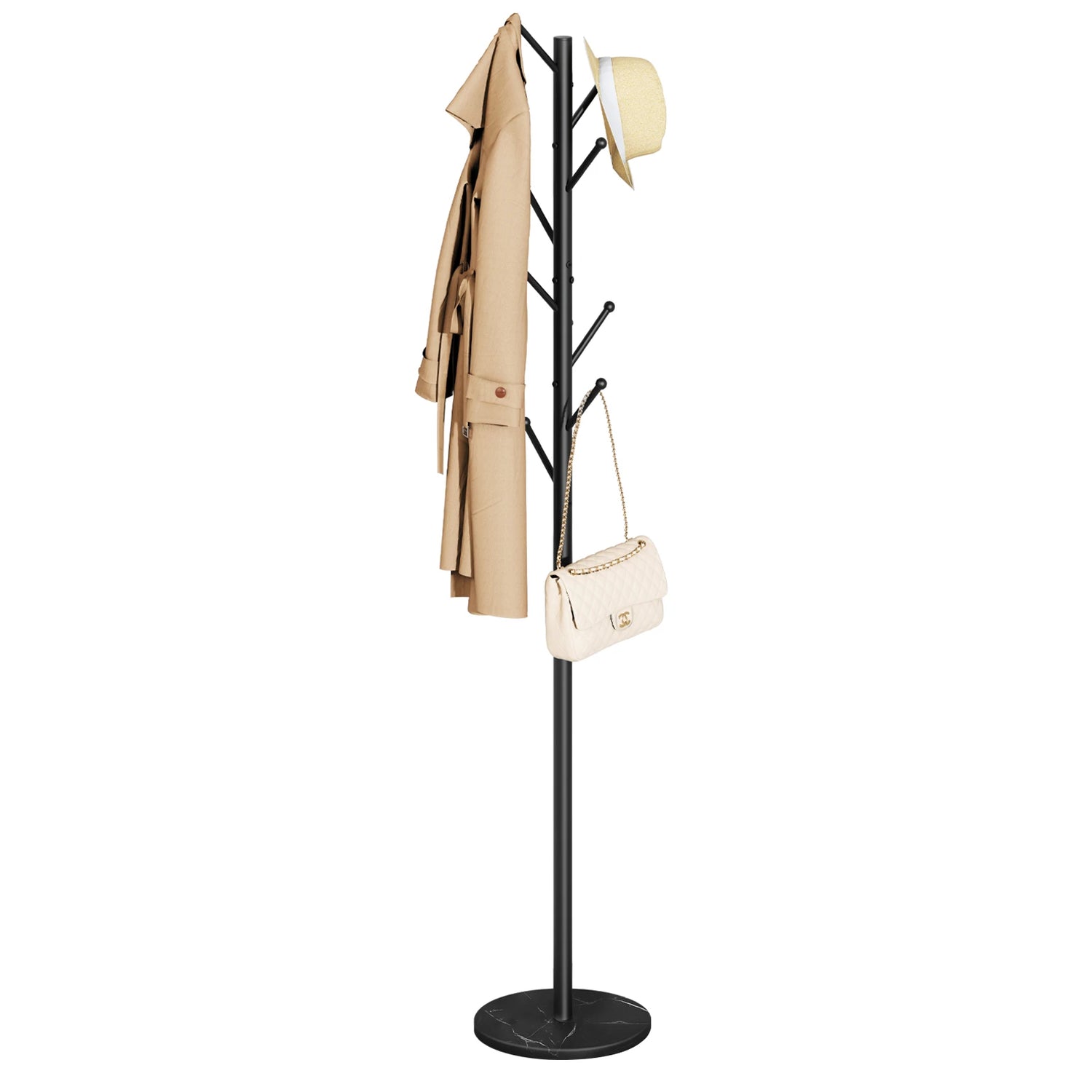 Coat Rack Freestanding with Natural Marble Base, Coat Tree with 8 Hooks, Metal Hall Tree for Jacket, Hat, Bag, Coat Hanger Stand for Entryway