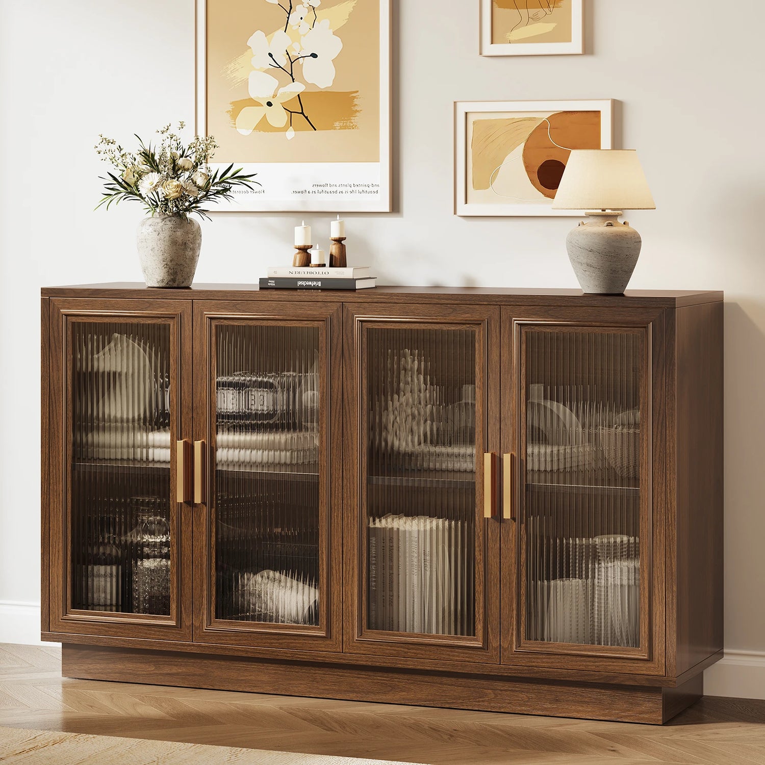 CURLA 55.1" Sideboard Buffet Cabinet with Storage,  Wood Kitchen Cabinet with 4 Fluted Doors, Large Buffet Table, Credenza Coffee Bar for Dining Living Room