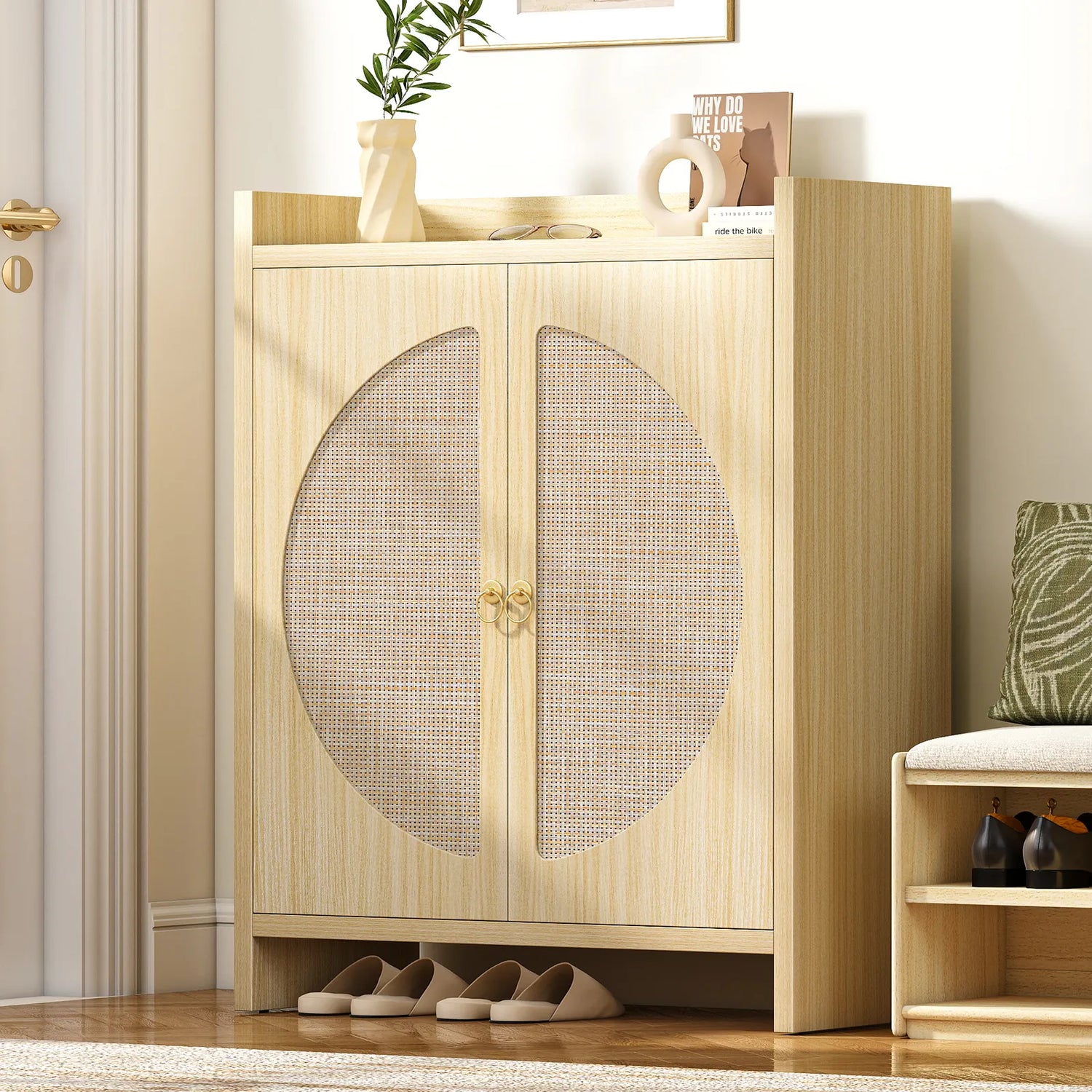 CURLA Rattan Shoe Cabinet Storage for Entryway, Entry Way Shoe Storage Cabinet with Adjustable Shelves, Wood Shoe Organizer Cabinet, Accent Cabinet with Doors for Entrance Hallway Living Room Foyer
