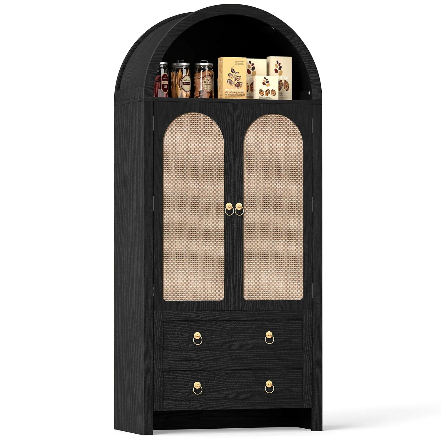 71" Tall Arched Kitchen Pantry Storage Cabinet, Food Pantry Cabinet Bookshelf with 2 Drawers, Wood Storage Cabinets with Door for Dining Room, Living Room