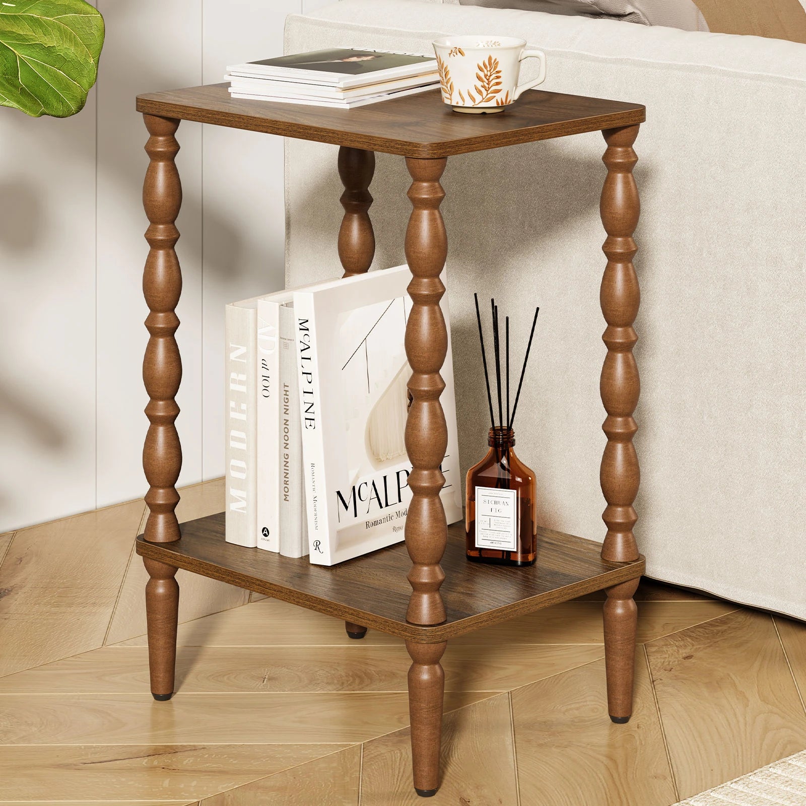 Maliowa 2-Tier Side Table, Small End Table for Living Room Bedroom with Storage Shelf, Vintage Accent Table Nightstand with Spindle Legs