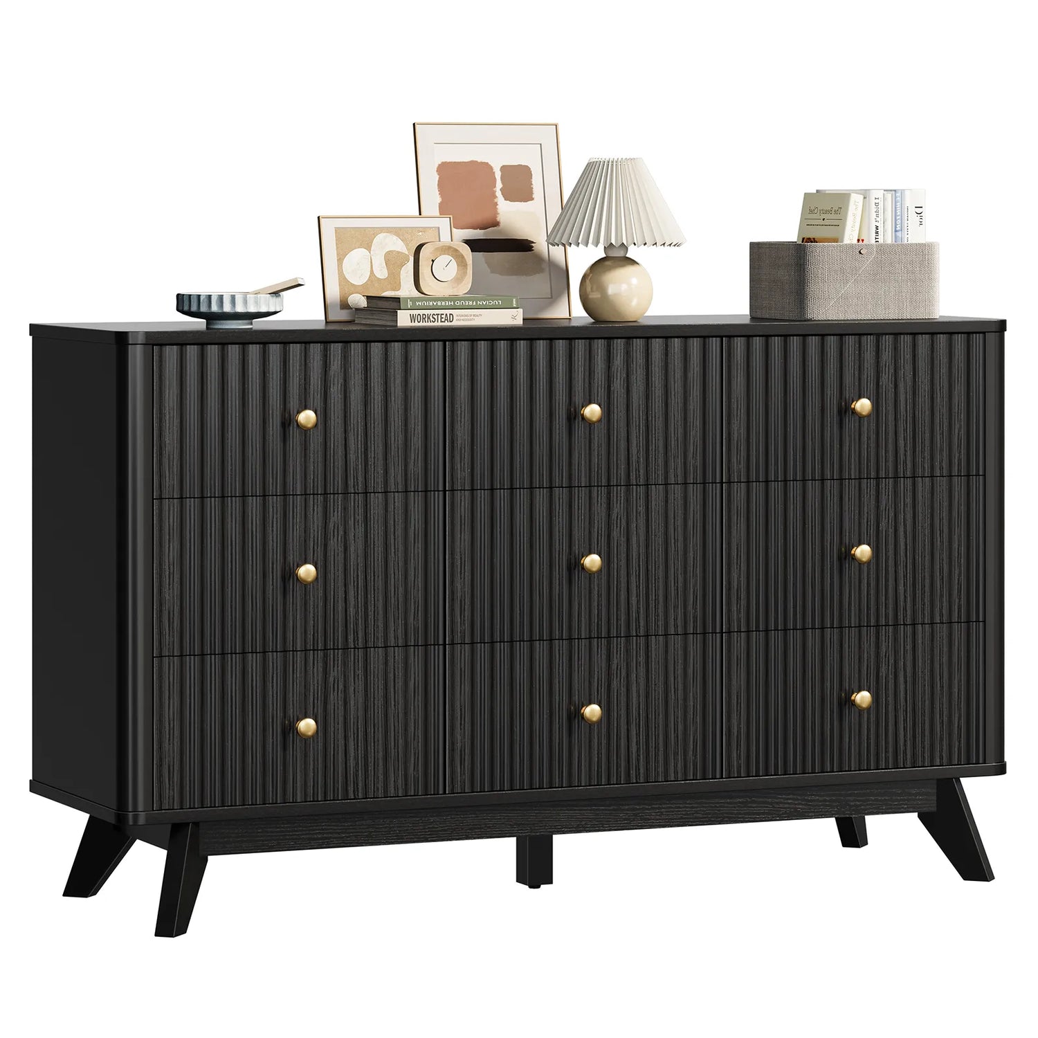 9 Drawer Dresser for Bedroom, Fluted Black Dresser for Storage, 52.8" Wood Dressers &amp; Chests of Drawers for Closet, Living Room, Entryway